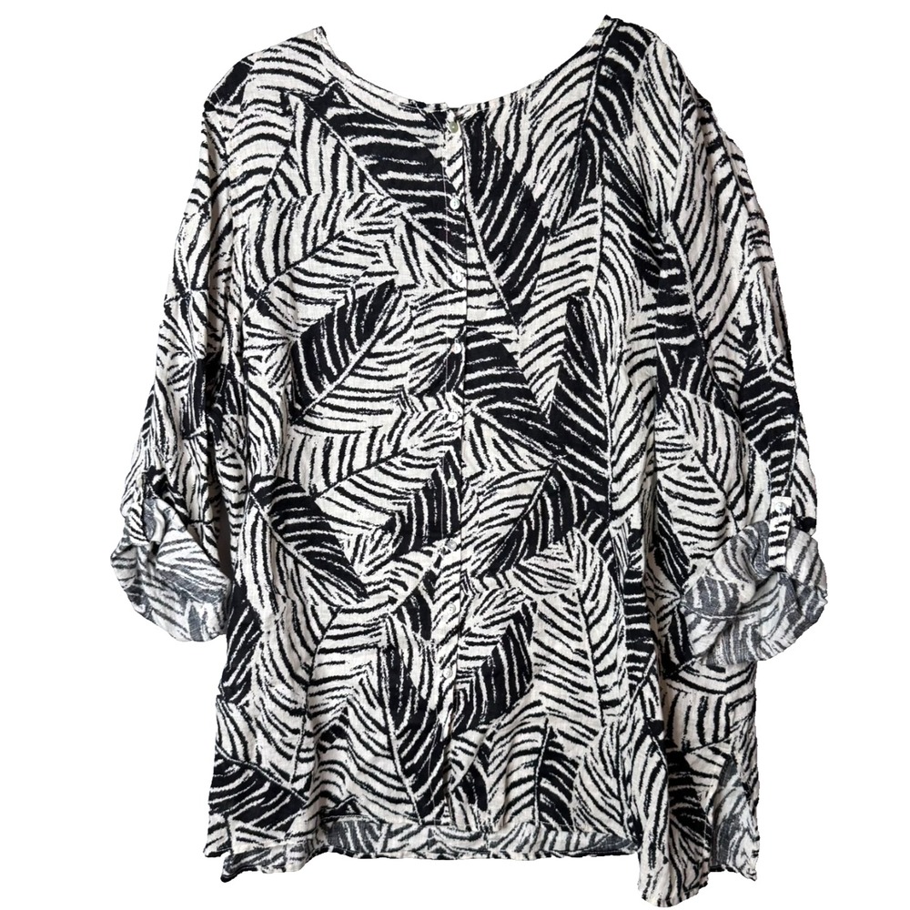 Cynthia‎ Rowley 100% Linen Tunic Sz 3X Button Black White Print Beach Lagenlook